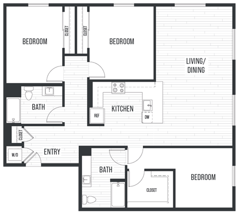 Floor plan for 3 beds, 2 baths, 1705 sqft